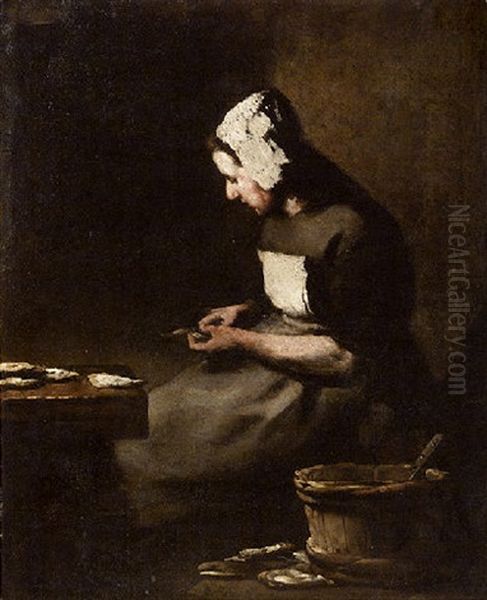 L'ecaillere (woman Shucking Oysters) Oil Painting by Theodule Ribot