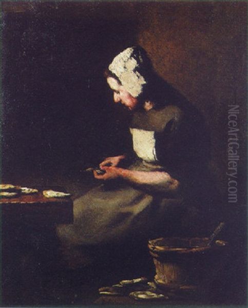 L'ecaillere (woman Shucking Oysters) Oil Painting by Theodule Ribot