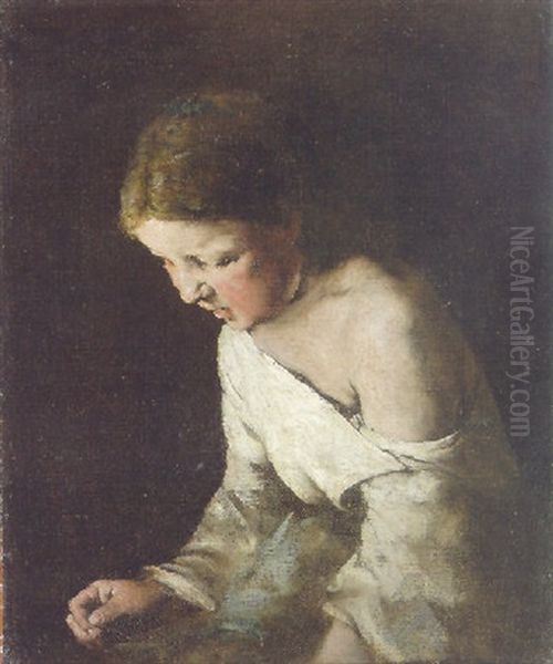 Young Girl Sewing Oil Painting by Theodule Ribot