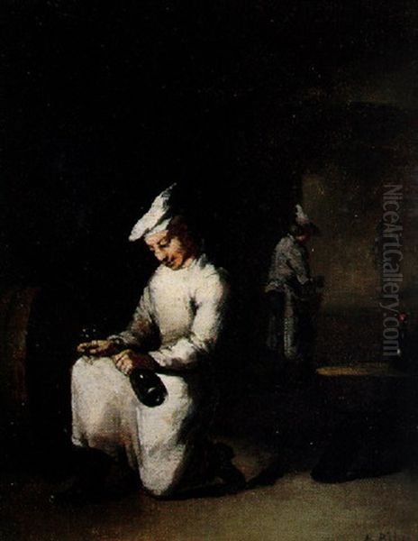 Drinking A Glass Of Wine In The Cellar Oil Painting by Theodule Ribot