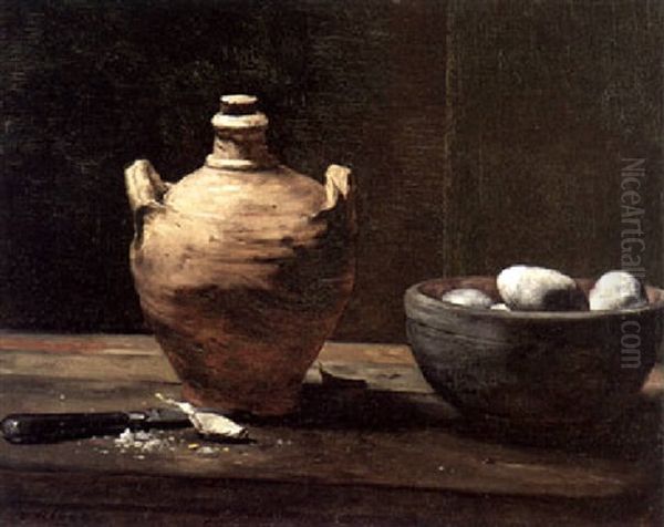 Still Life With Ceramic Jug, Eggs And Knife Oil Painting by Theodule Ribot