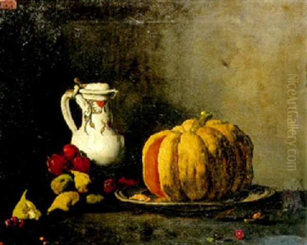 Pichet, Citrouille, Figues Et Prunes Oil Painting by Theodule Ribot