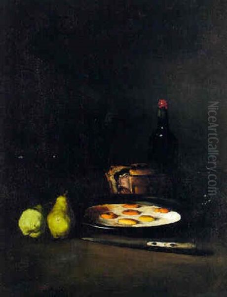 Nature Morte Aux Oeufs Poches, Deux Poires, Un Pate, Une Bouteille De Vin, Et Un Couteau Oil Painting by Theodule Ribot