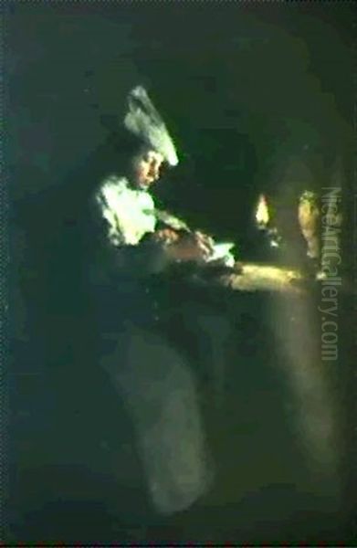 Young Cook Writing By Candlelight Oil Painting by Theodule Ribot