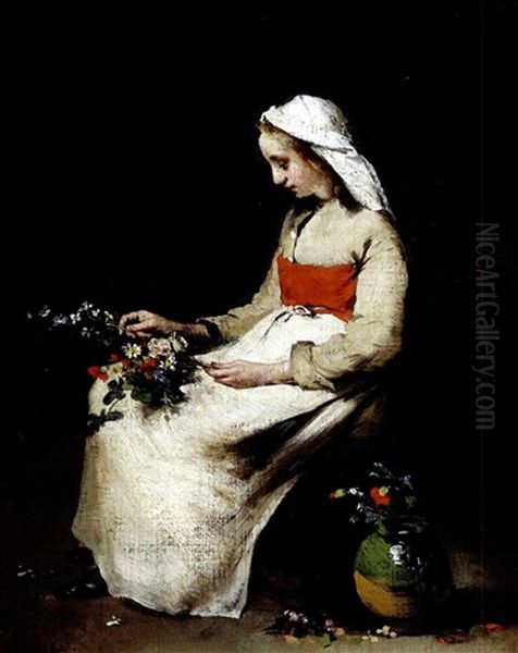 A Girl Arranging A Vase Of Flowers Oil Painting by Theodule Ribot