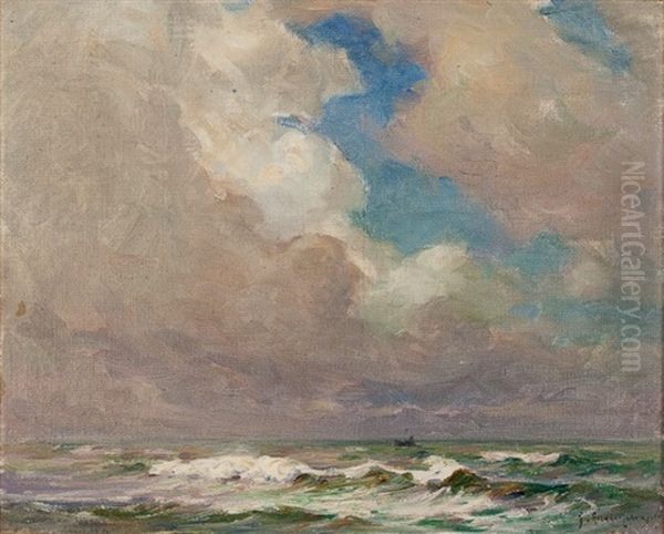 Grand Effet Nuage, Vagues Blanches, Pleine Mer, Petit Chalutier Oil Painting by Georges Ricard-Cordingley