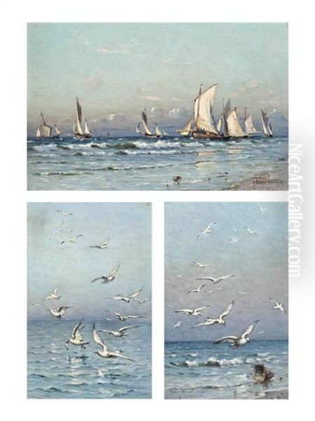 Fishing Boats Close To Shore And Seagulls (2 Works) (3 Works) by Georges Ricard-Cordingley