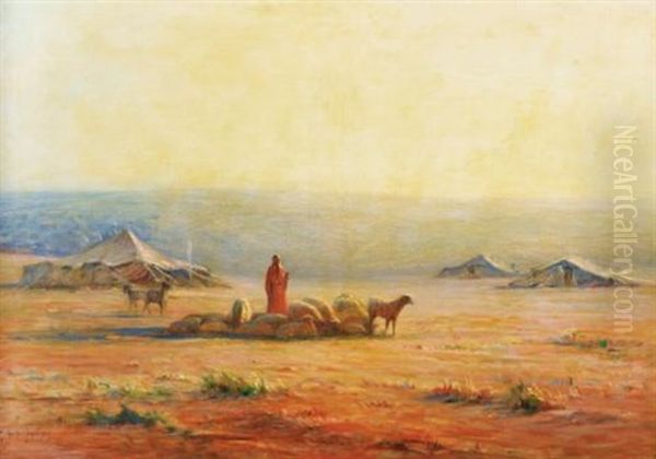 Campement Et Troupeau Au Soleil Levant Oil Painting by Georges Ricard-Cordingley