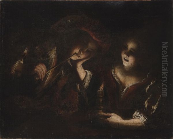 A Man Smoking A Pipe And A Woman Holding A Candle Oil Painting by Pietro Ricchi