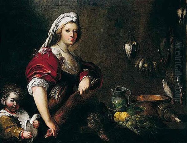 A Maidservent With A Boy In A Larder, A Still Life Of Artichokes, Lemons And Other Kitchen Equipment On A Table Oil Painting by Pietro Ricchi