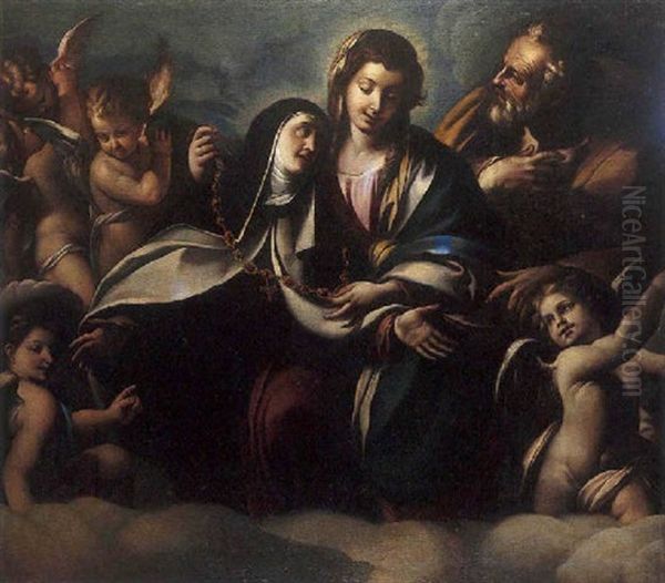 La Vierge, Saint Joseph, Sainte Claire, Entoures D'anges Oil Painting by Pietro Ricchi