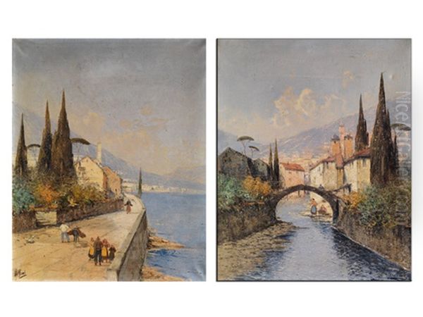 Blick Von Einer Befestigten Uferstrase Am Westufer Des Gardasees (+ Ein Italienisches Dorf Mit Blick Vom Flussufer, Der Zum See Fuhrt; Pair) by L. Ricci