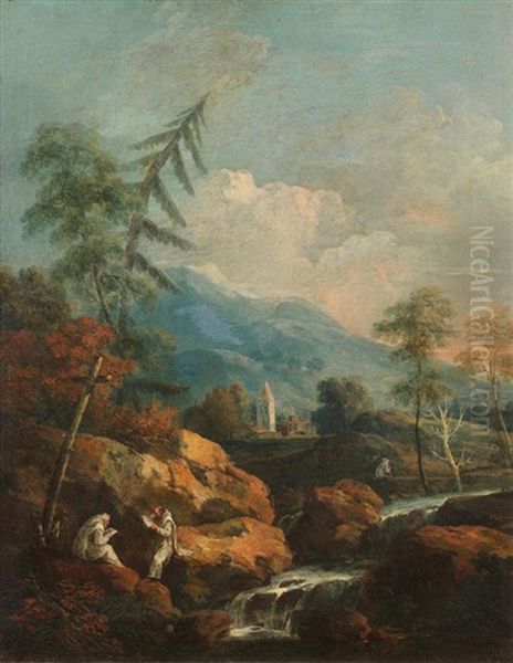 A Mountainous River Landscape With Carthusian Monks Studying In The Foreground Oil Painting by Marco Ricci