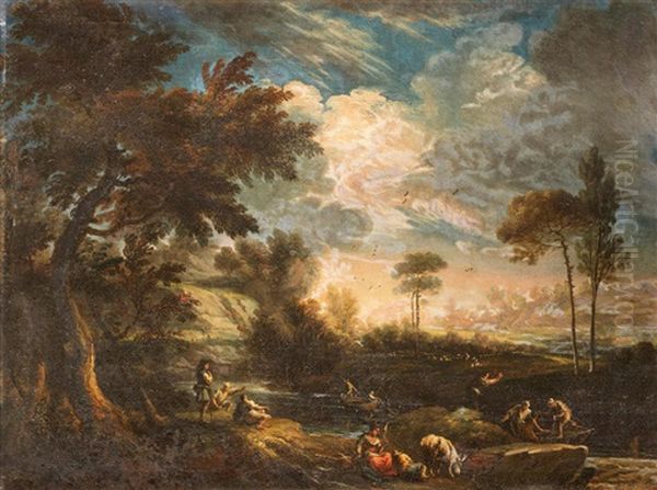 An Extensive River Landscape With Fishermen Resting On The Banks Oil Painting by Marco Ricci