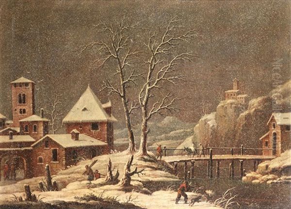 A Winter Landscape With Figures Collecting Firewood Before A Village Oil Painting by Marco Ricci