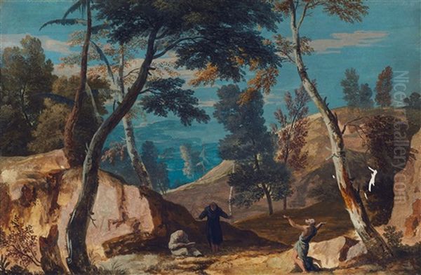 Mountainous Landscape With Two Monks And A Hermit Oil Painting by Marco Ricci