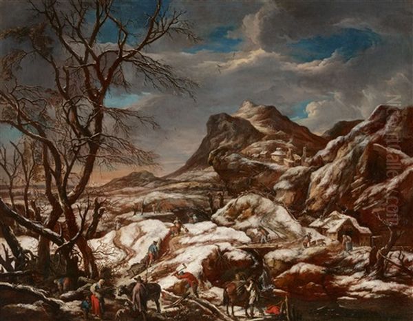 Figures In A Winter Landscape Oil Painting by Marco Ricci