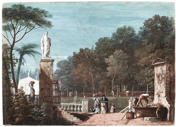 Elegant Company In A Park: A Fountain To The Right Foreground And A Palladian Building In The Background Oil Painting by Marco Ricci