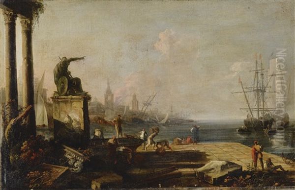 A Capriccio Of A Harbor At Dawn, With Fisherman Working In The Foreground, A Statue And Ruins To The Left, And A Cityscape Beyond Oil Painting by Marco Ricci