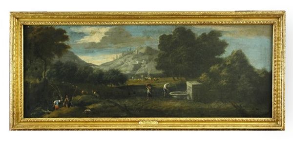 Figures And Cattle In A Hilly Landscape With Fishermen In The Left Foreground Oil Painting by Marco Ricci