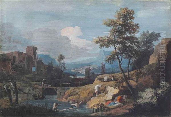 Bathers In A Mountain Landscape, With Classical Ruins And A Footbridge Oil Painting by Marco Ricci