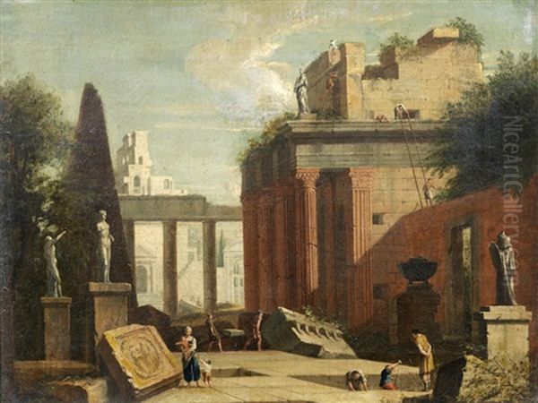 An Architectural Capriccio With Workers Constructing A Palace Oil Painting by Marco Ricci