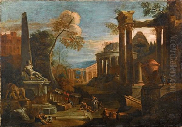 Landscape With Classical Ruins And Figures Oil Painting by Marco Ricci