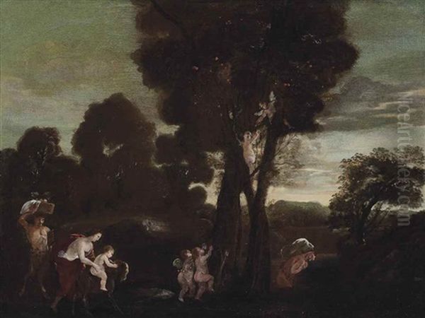 A Wooded Landscape With Satyrs And Cherubs Picking Fruits From Trees Oil Painting by Marco Ricci