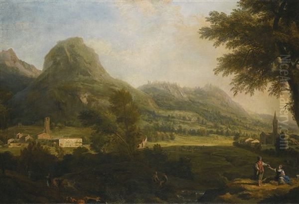 A Mountainous Landscape With A Walled Town At The Left Oil Painting by Marco Ricci