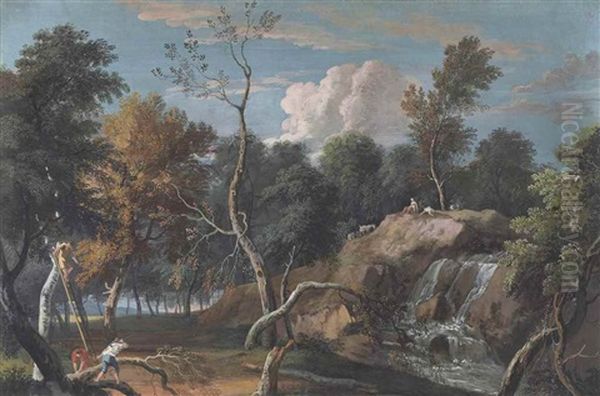 A Wooded Landscape With Woodmen And Shepherds Near A Waterfall Oil Painting by Marco Ricci