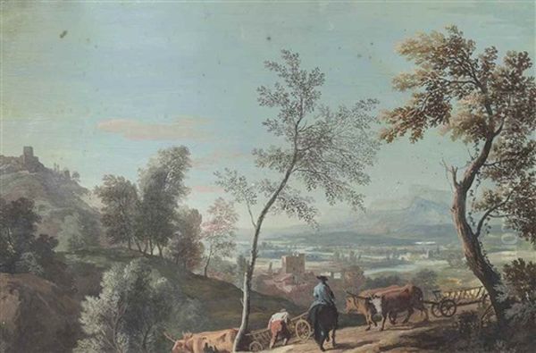 An Extensive River Landscape With A Drover And A Traveller In The Foreground by Marco Ricci