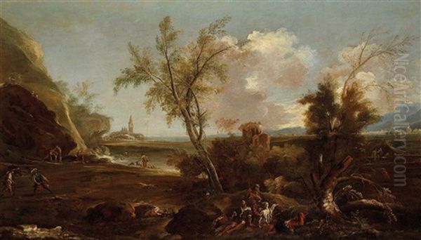 Landscape With A Hunting Party Oil Painting by Marco Ricci