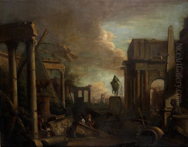 Soldiers And Other Figures Amongst Architectural Ruins Oil Painting by Marco Ricci