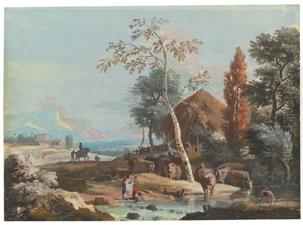 A Landscape With Washerwomen And A Man Bathing On A River Near A Thatched Cottage Oil Painting by Marco Ricci