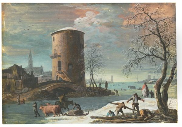 A  Winter Landscape With Men Gathering Timber Near A Tower Along A Frozen Estuary Oil Painting by Marco Ricci