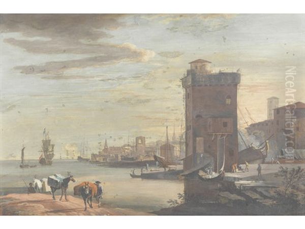 An Italianate River Landscape, With Drovers Watering Their Herd (+ And An Italianate Coastal Landscape, With Travellers By A Harbour; Pair) Oil Painting by Marco Ricci