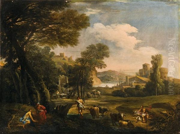 Eine Landschaft Mit Eremiten, Hirten, Vieh Und Einer Wascherin Oil Painting by Marco Ricci