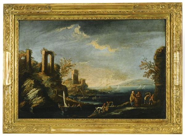 An Inlet With Travellers On Camels, Horses And Donkeys With Cows, Goats And Dogs, A Hilly Landscape With Travellers On Camels And Horses, A Shepherd On The Hillside Above And A Landscape With Fishermen In Boats And On The Shore, Ruins On The Hillside Abov Oil Painting by Marco Ricci