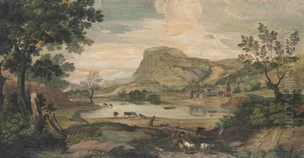 An Extensive Italianate Landscape With A Herdsman And Goats On A Path In The Foreground, A Lake And Village Before A Mountain Beyond Oil Painting by Marco Ricci