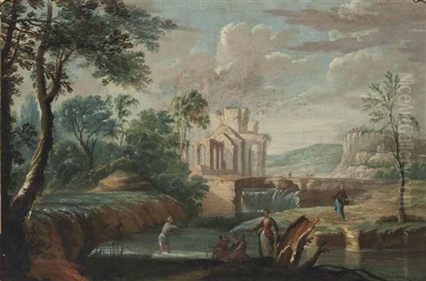 An Extensive River Landscape With Anglers On The Shore, Classical Ruins Beyond Oil Painting by Marco Ricci