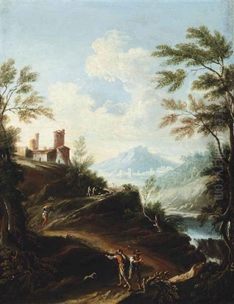 A Wooded River Landscape With Peasants On A Track, A Villa Beyond Oil Painting by Marco Ricci