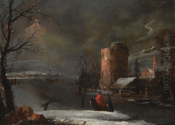 A Winter Landscape With A Town Beside A Frozen River And Figures On Horseback Oil Painting by Marco Ricci