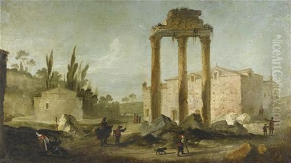 Mediterrane Ruinenlandschaft Mit Dem Tempel Des Castor Und Des Pollux Auf Dem Forum Romanum Oil Painting by Marco Ricci