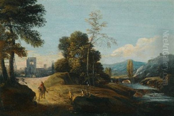 A Lacustrine Landscape With A Herder And His Animals Resting By The Water, A Town Beyond (+ A Fluvial Landscape With Figures On A Path, A Town Beyond; Pair) by Marco Ricci