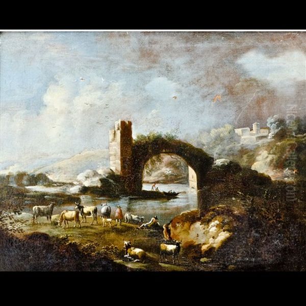 Capriccio Architettonico Con Figure Ed Armenti Oil Painting by Marco Ricci