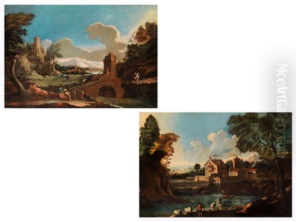 Landschaft Mit Bogenbrucke, Erhoht Stehender Burg Und Figurenstaffage (+ Another; Pair) Oil Painting by Marco Ricci