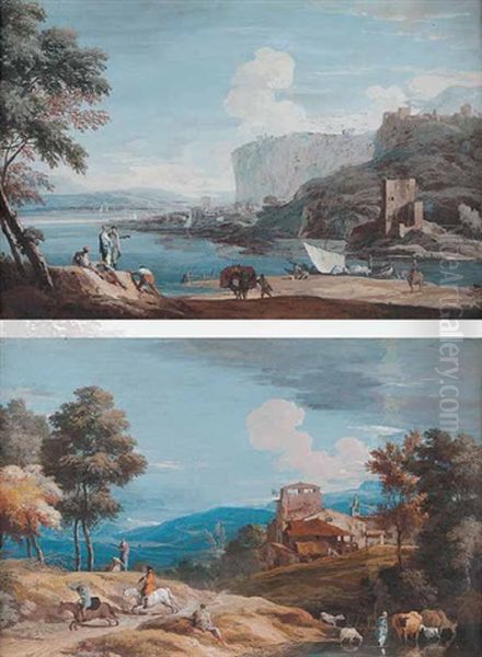 Vue D'un Estuaire Avec Barque De Peche A Voile, Cavalier Et Villageois (+ 3 Others, Various Sizes; 4 Works) Oil Painting by Marco Ricci