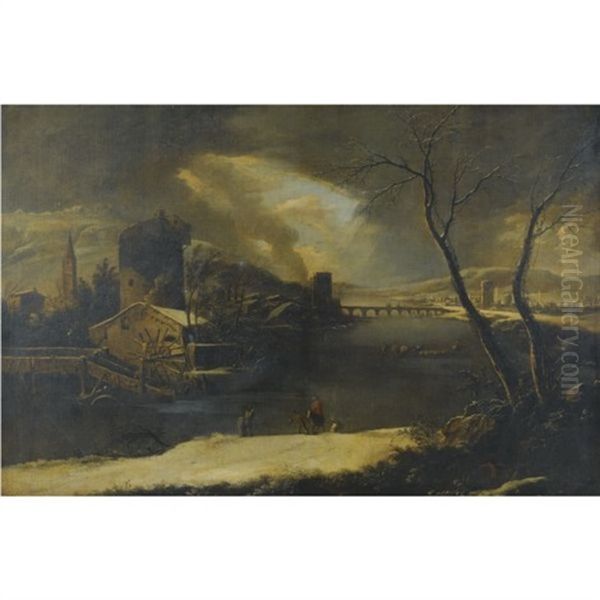 An Extensive Winter Landscape With A Frozen River, A Town In The Right Distance, Workers Repairing A Watermill And Travellers Along A Path Oil Painting by Marco Ricci