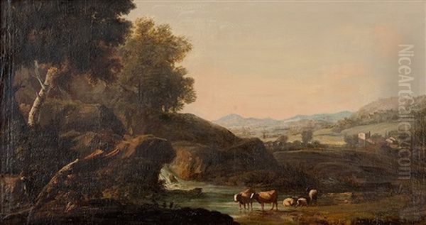 Ideallandschaft Mit Holzfaller, Wasserfall Und Vieh Vor Angrenzendem Gehoft Oil Painting by Marco Ricci