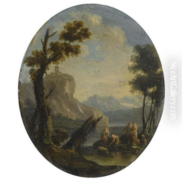 A Craggy River Landscape With The Finding Of Moses In The Foreground Oil Painting by Marco Ricci